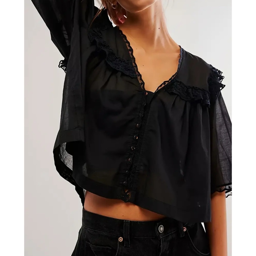 Chic Black Ruffle Button-Up Blouse - Picture 8 of 8
